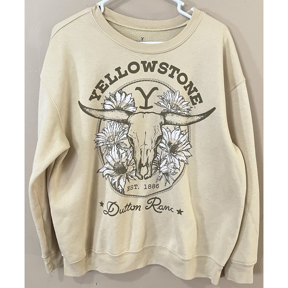 Yellowstone TV Show Dutton Ranch Womens XL Cream Longhorn Skull Sweatshirt GUC